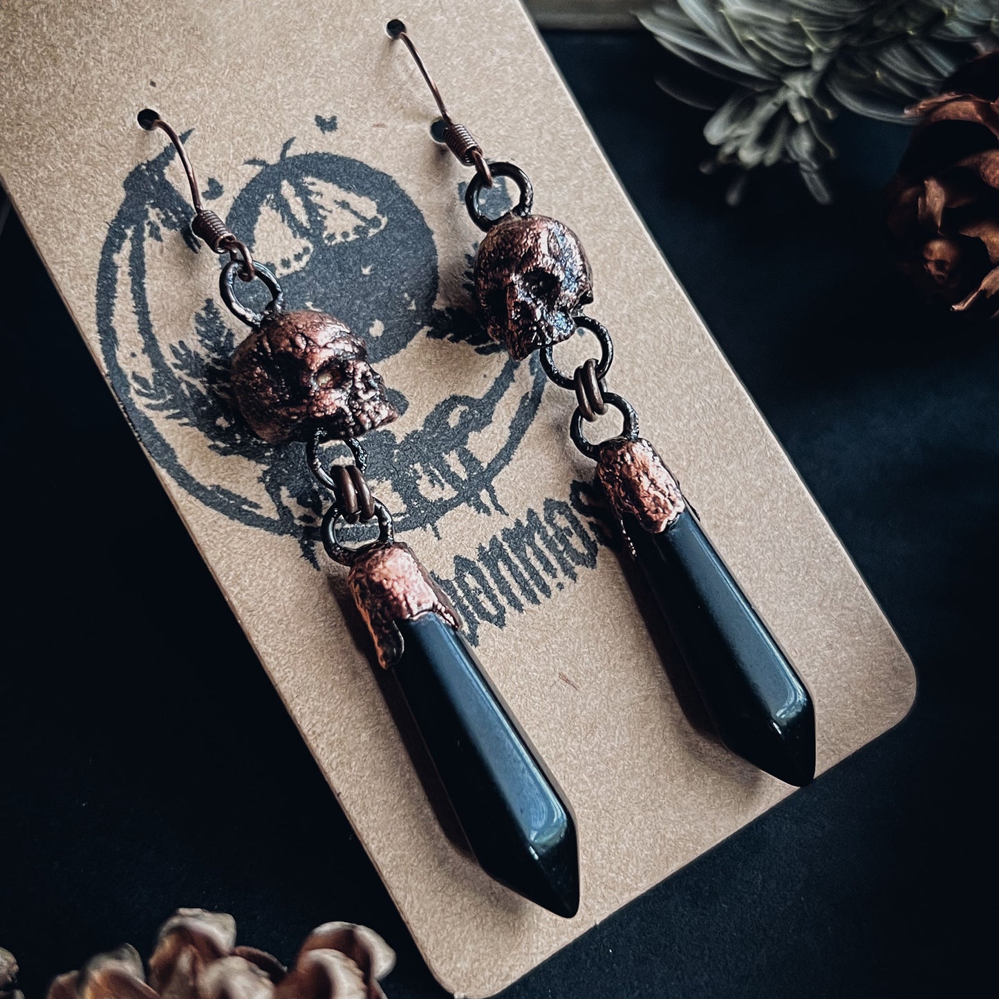 Obsidian + Skulls Earrings