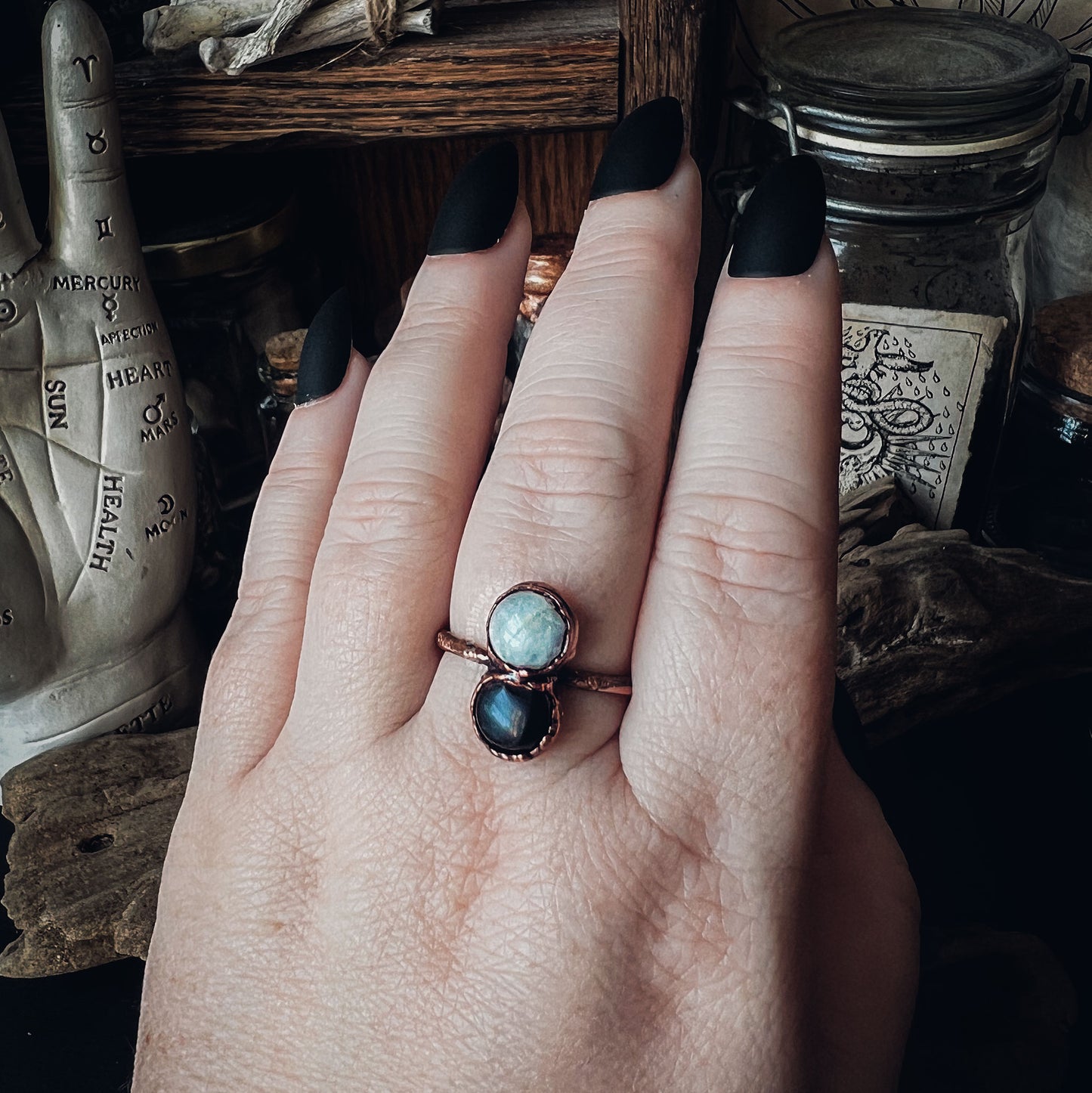 Obisidan + Moonstone Ring Size 10.5