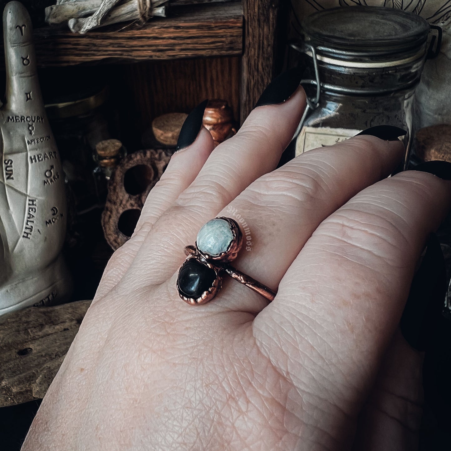 Obisidan + Moonstone Ring Size 10.5